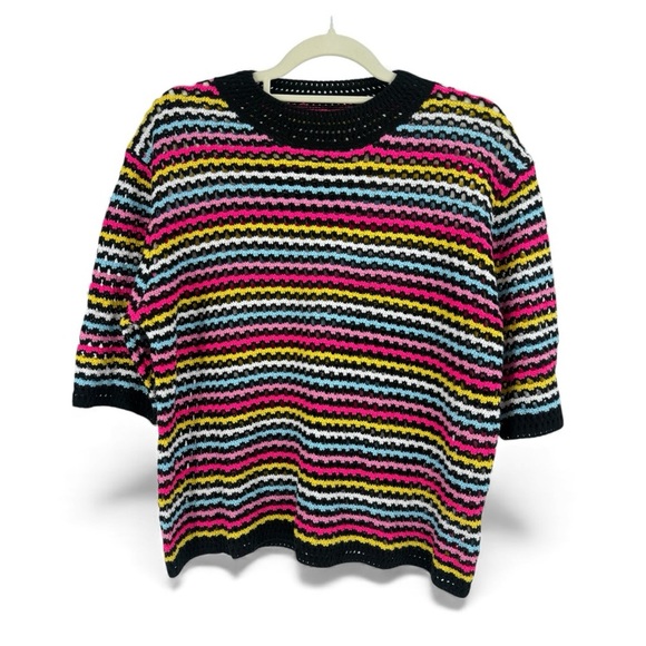 Sweaters - Vintage-Inspired Rainbow Crochet Knit Striped Sweater Boho Indie Color Pop Knit